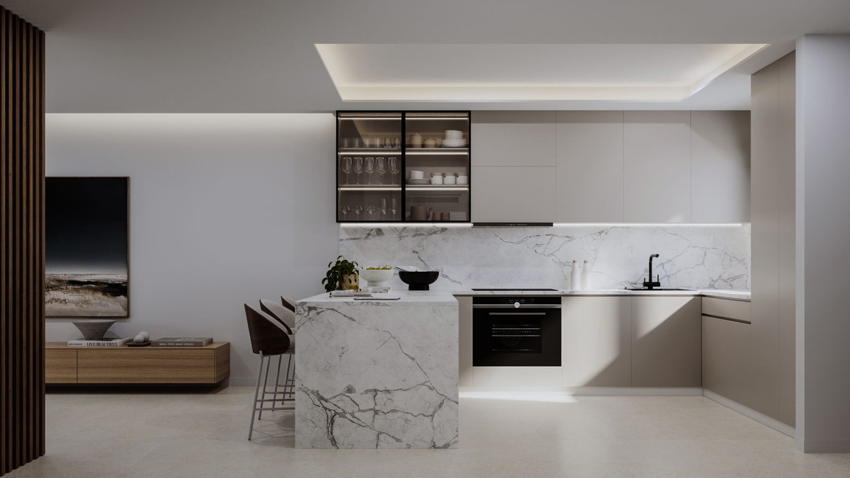 Modern kitchen with marble island, open shelving, and minimalist decor.